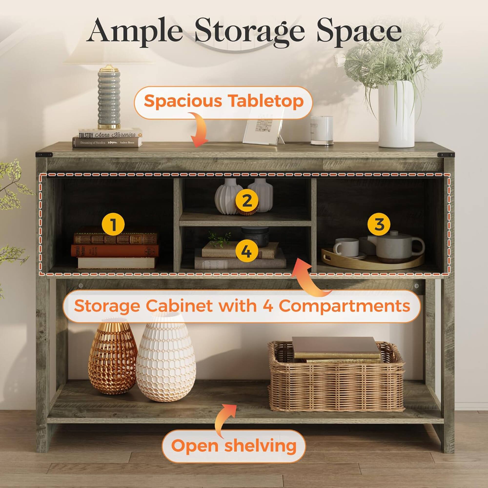 Ample Storage Space  
Spacious Tabletop  
ILSINY Clona 1 2 3 4 Storage Cabinet with 4 Compartments  
Open shelving