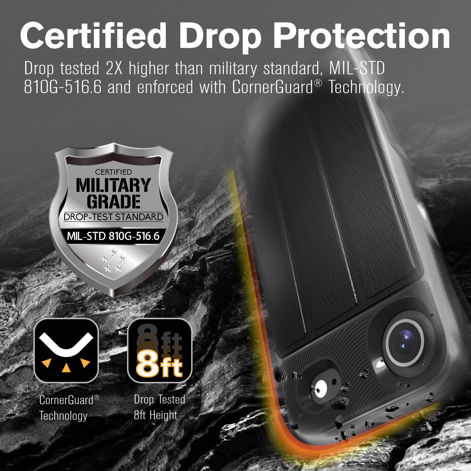 Certified Drop Protection

Drop tested 2X higher than military standard, MIL-STD 810G-516.6 and enforced with CornerGuard® Technology.

Certified Military Grade Drop-Test Standard MIL-STD 810G-516.6

CornerGuard® Technology

Drop Tested 8ft Height