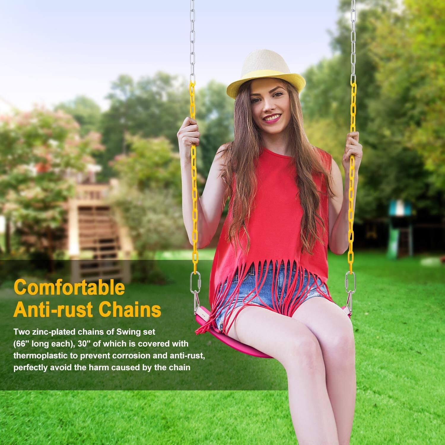 Comfortable Anti-rust Chains

Two zinc-plated chains of Swing set (66" long each), 30" of which is covered with thermoplastic to prevent corrosion and anti-rust, perfectly avoid the harm caused by the chain.