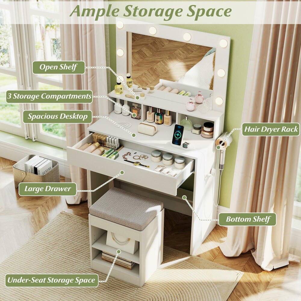 Ample Storage Space  
- Open Shelf  
- 3 Storage Compartments  
- Spacious Desktop  
- Hair Dryer Rack  
- Large Drawer  
- Bottom Shelf  
- Under-Seat Storage Space