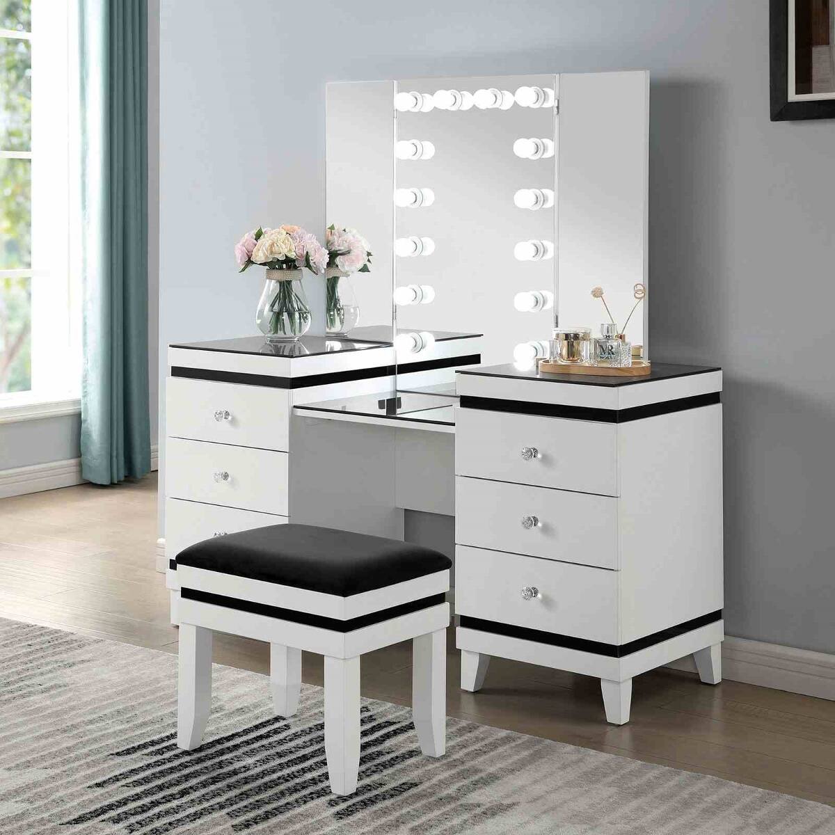 Alt View 6. Loheer - Loheer Makeup Vanity Set with Stool, Tri-Fold Mirror and Fourteen Bulbs, Black and White - Black and White.