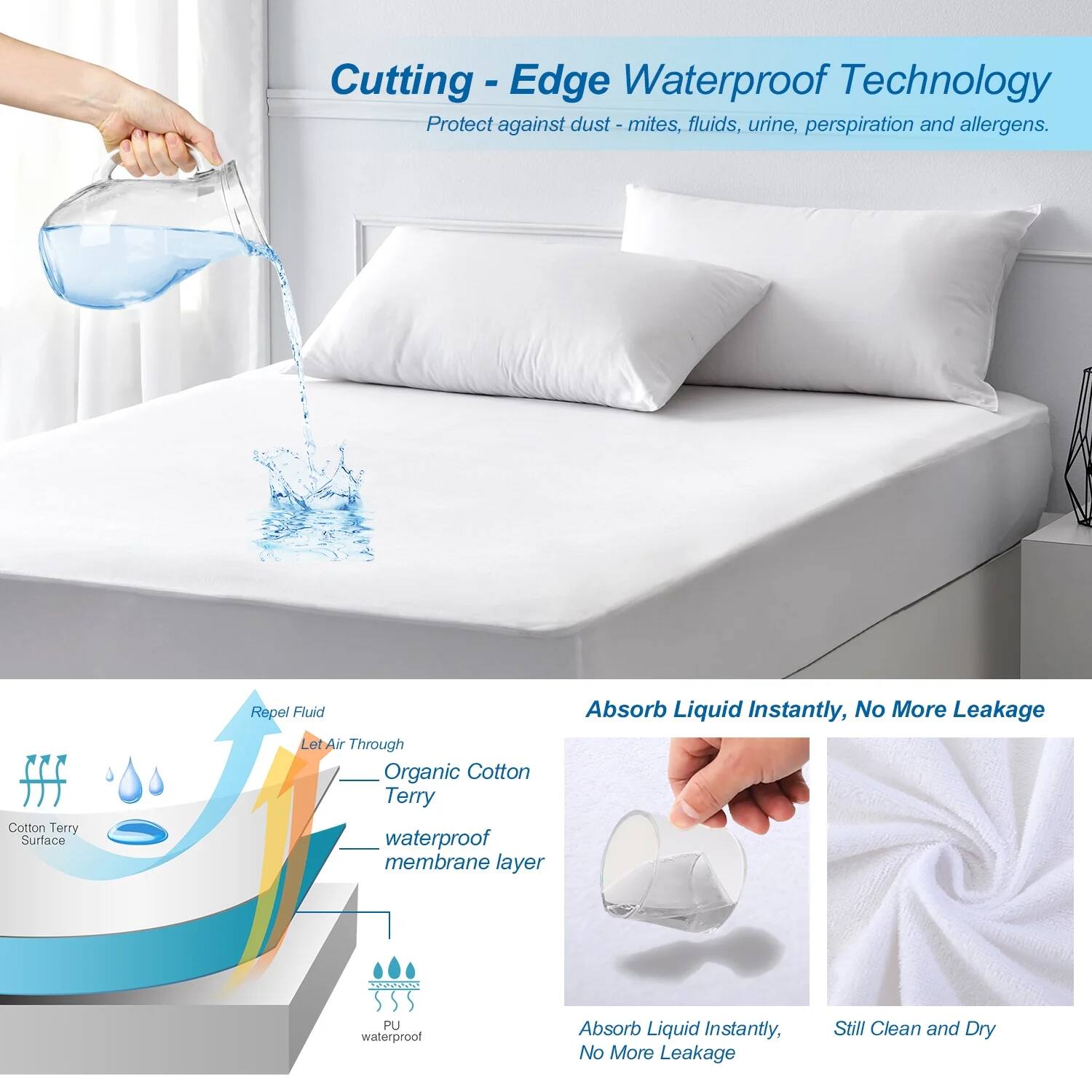 **Cutting-Edge Waterproof Technology**  
Protect against dust, mites, fluids, urine, perspiration, and allergens.

- **Cotton Terry Surface**  
  - Repel Fluid
  - Let Air Through

- **Organic Cotton Terry**  
  - Absorb Liquid Instantly, No More Leakage

- **Waterproof Membrane Layer**  
  - Absorb Liquid Instantly, No More Leakage

- **PU Waterproof Layer**

**Absorb Liquid Instantly, No More Leakage**  
- Absorb Liquid Instantly, No More Leakage  
- Still Clean and Dry
