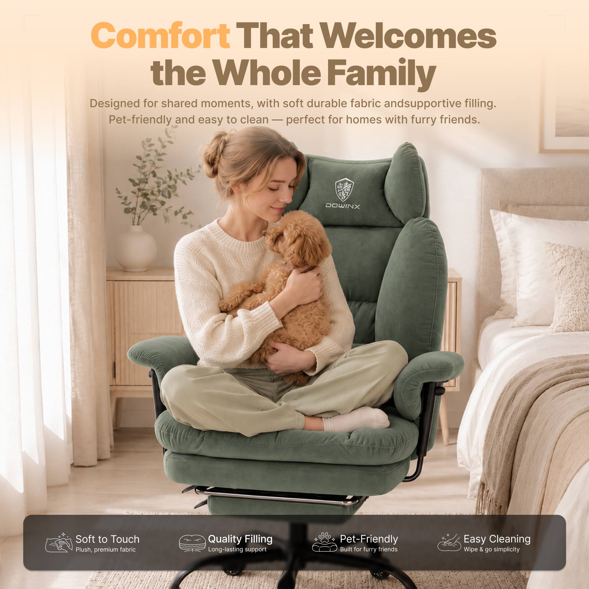 Comfort That Welcomes the Whole Family  
Designed for shared moments, with soft durable fabric and supportive filling. Pet-friendly and easy to clean - perfect for homes with furry friends.

XNIMOC  
100%

Soft to Touch  
Plush, premium fabric

Quality Filling  
Long-lasting support

Pet-Friendly  
Built for furry friends

Easy Cleaning  
Wipe & go simplicity