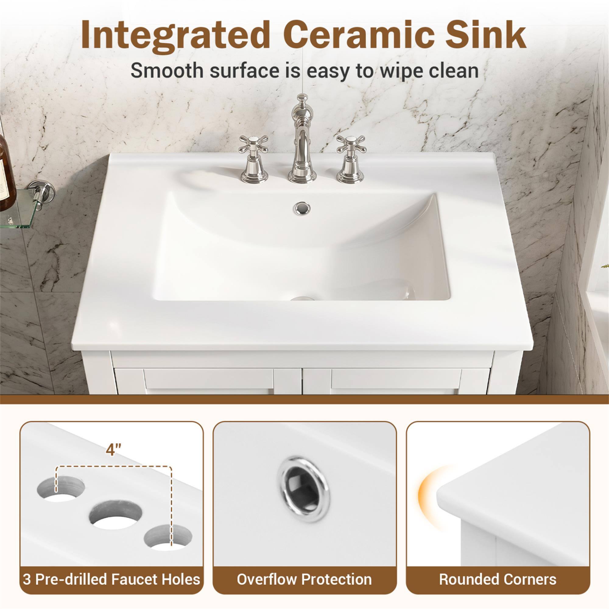 Integrated Ceramic Sink  
Smooth surface is easy to wipe clean  

4"  
3 Pre-drilled Faucet Holes  
Overflow Protection  
Rounded Corners