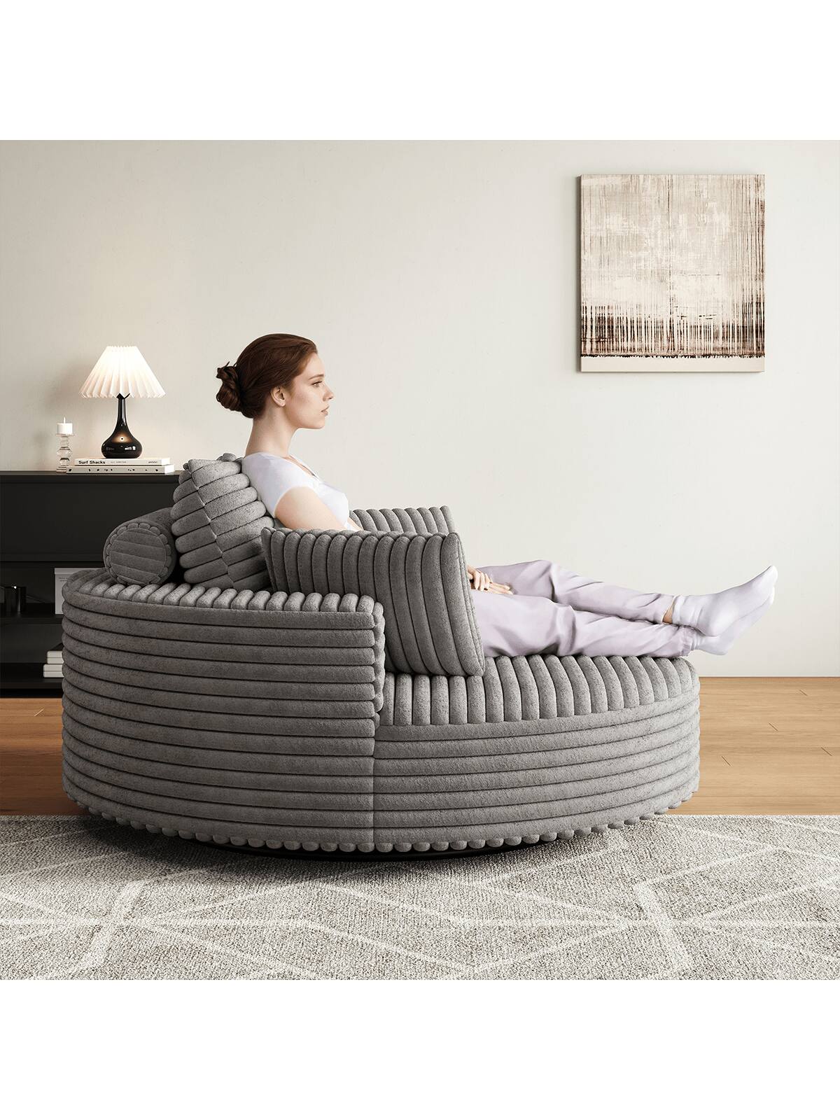 Back. Trinkets Crazed - 55" L Oversized Swivel Chair, Upholstered Corduroy Comfy Accent Chaise Lounge Sofa Chair - Gray.