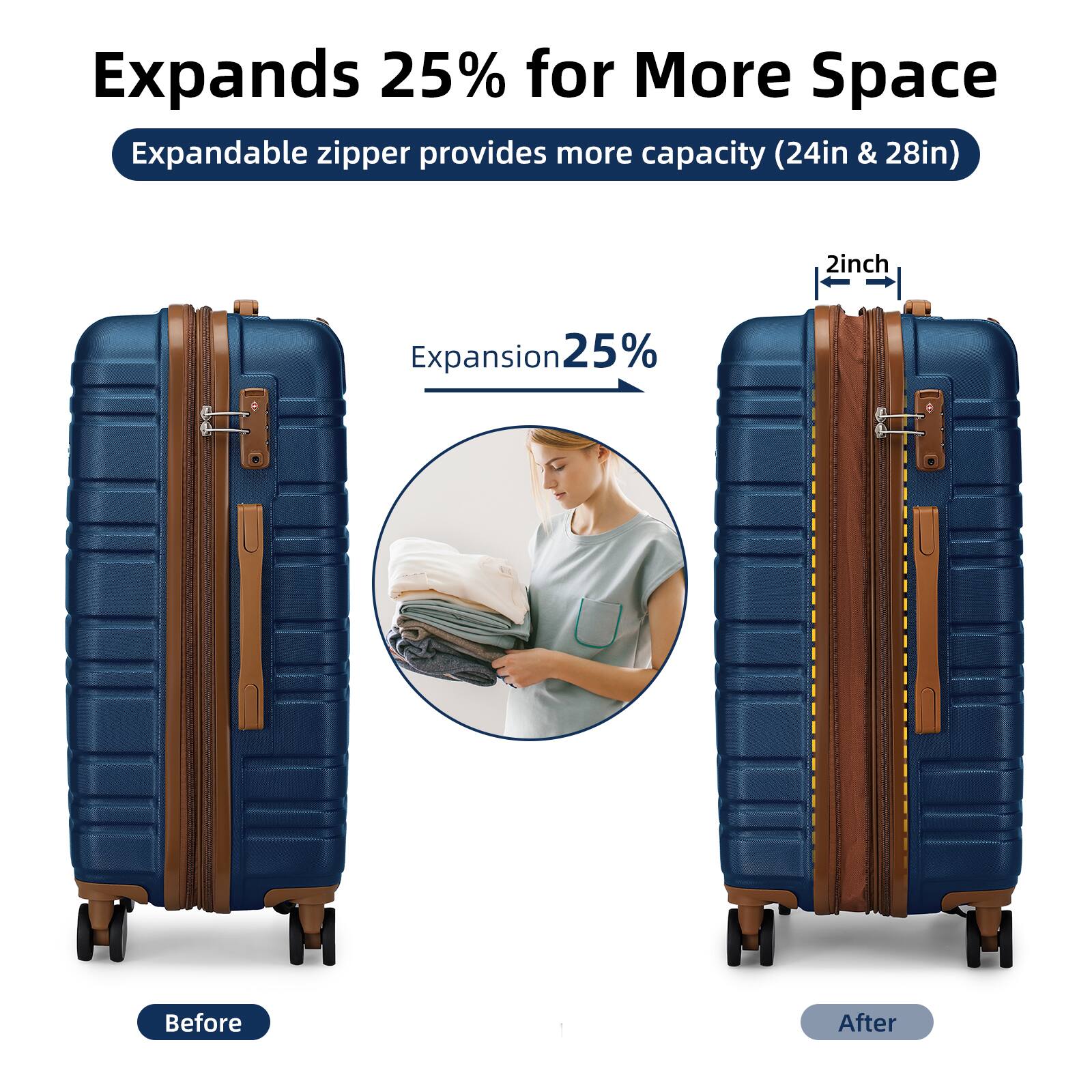 Expands 25% for More Space  
Expandable zipper provides more capacity (24in & 28in)  

Before  
After  

Expansion 25%  
2 inch