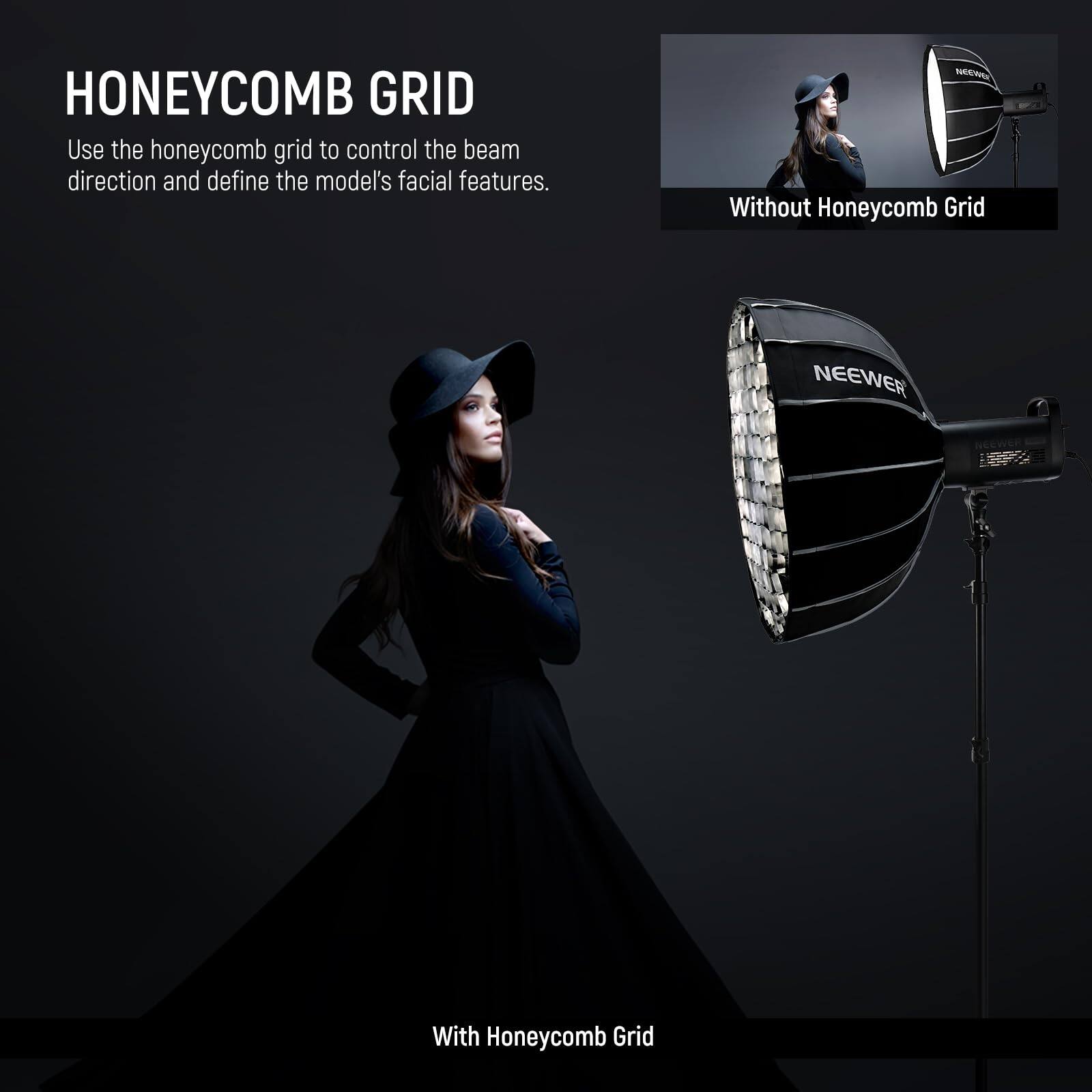 HONEYCOMB GRID

Use the honeycomb grid to control the beam direction and define the model's facial features.

Without Honeycomb Grid

With Honeycomb Grid