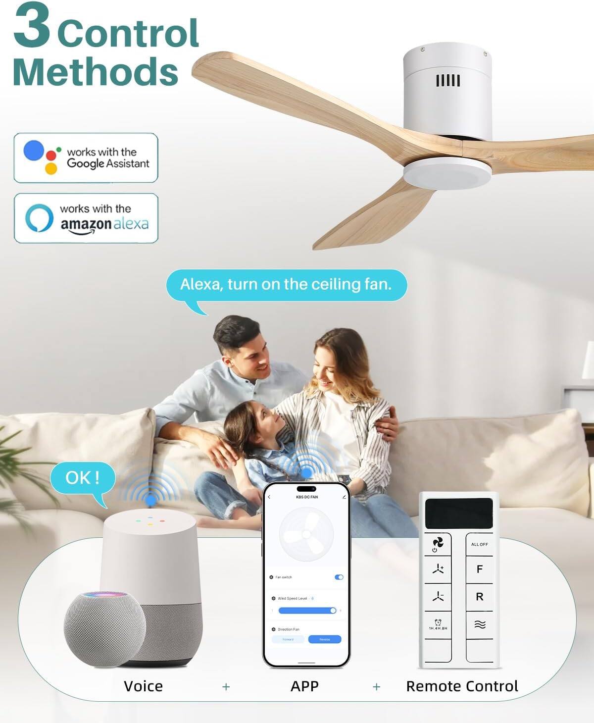 3 Control Methods

- works with the Google Assistant
- works with the amazon alexa

Alexa, turn on the ceiling fan.

OK!

Voice + APP + Remote Control