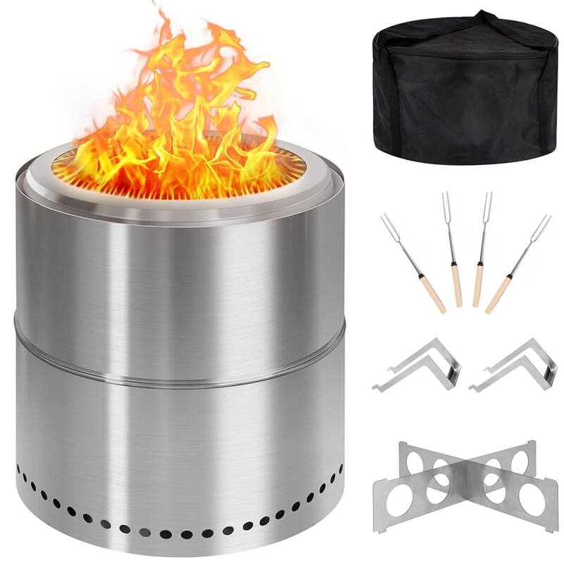 FODINGHILL - Low-Smoke Fire Pit, 15-Inch Portable Outdoor Bonfire with Stand, Carry Bag, and Cooking Accessories - Silver