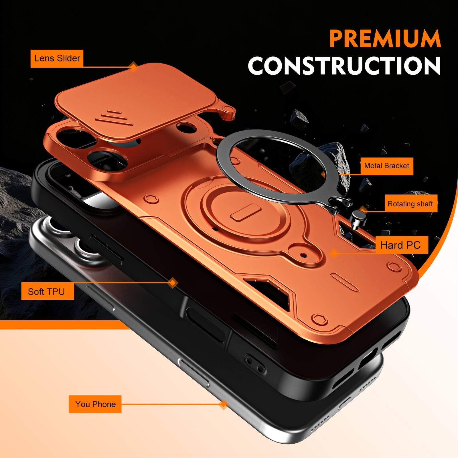 Lens Slider  
PREMIUM CONSTRUCTION  
Metal Bracket  
Rotating shaft  
Hard PC  
Soft TPU  
You Phone