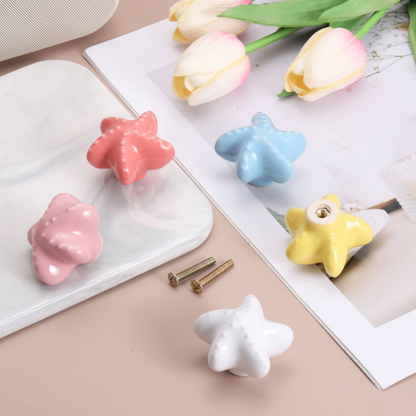 Alt View 3. Unique Bargains - 2pcs Starfish Ceramic Cabinet Knobs, Decorative Drawer Pulls w/ Screws for Cupboards - White.
