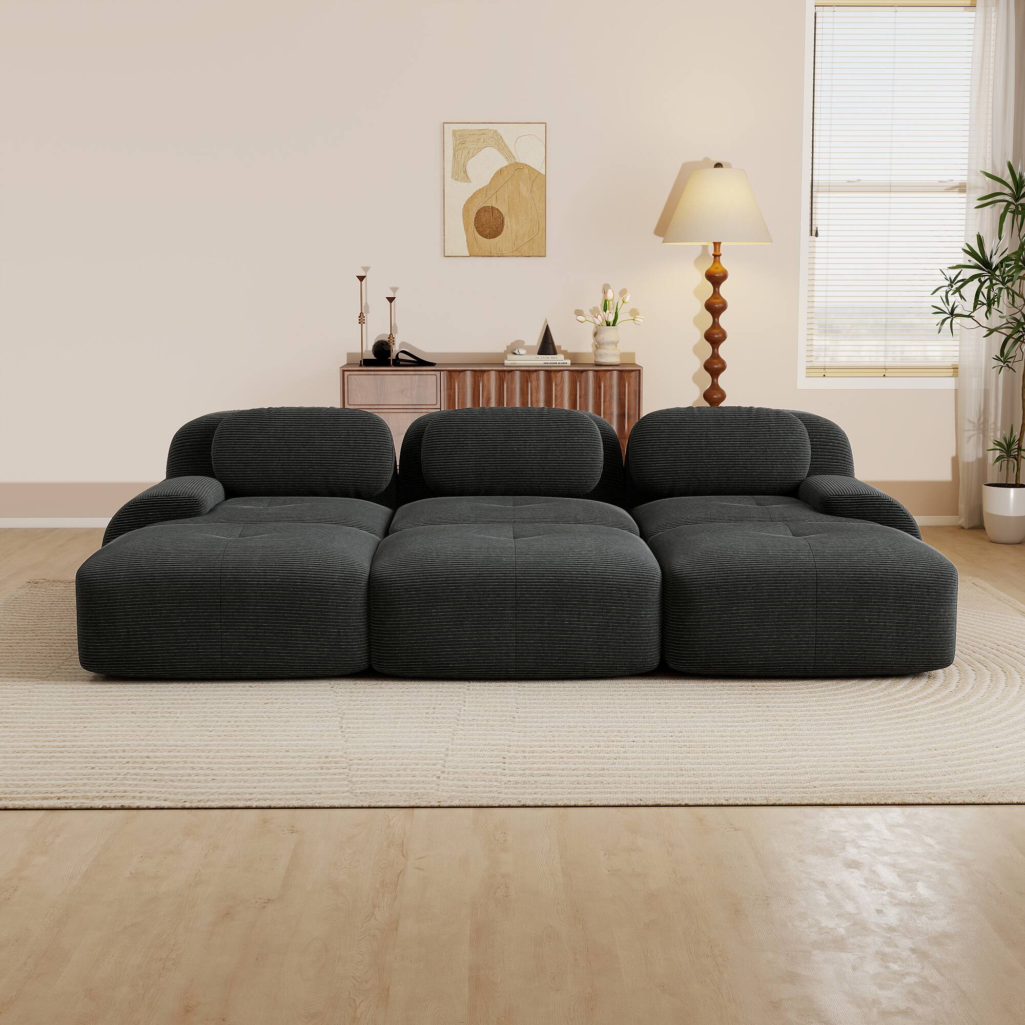 Left. Aukfa - 3 seats Modular Corduroy Sectional Sofa with Ergonomic Support - Pet Friendly, Easy Assembly, Non-Slip Base Design - Black.