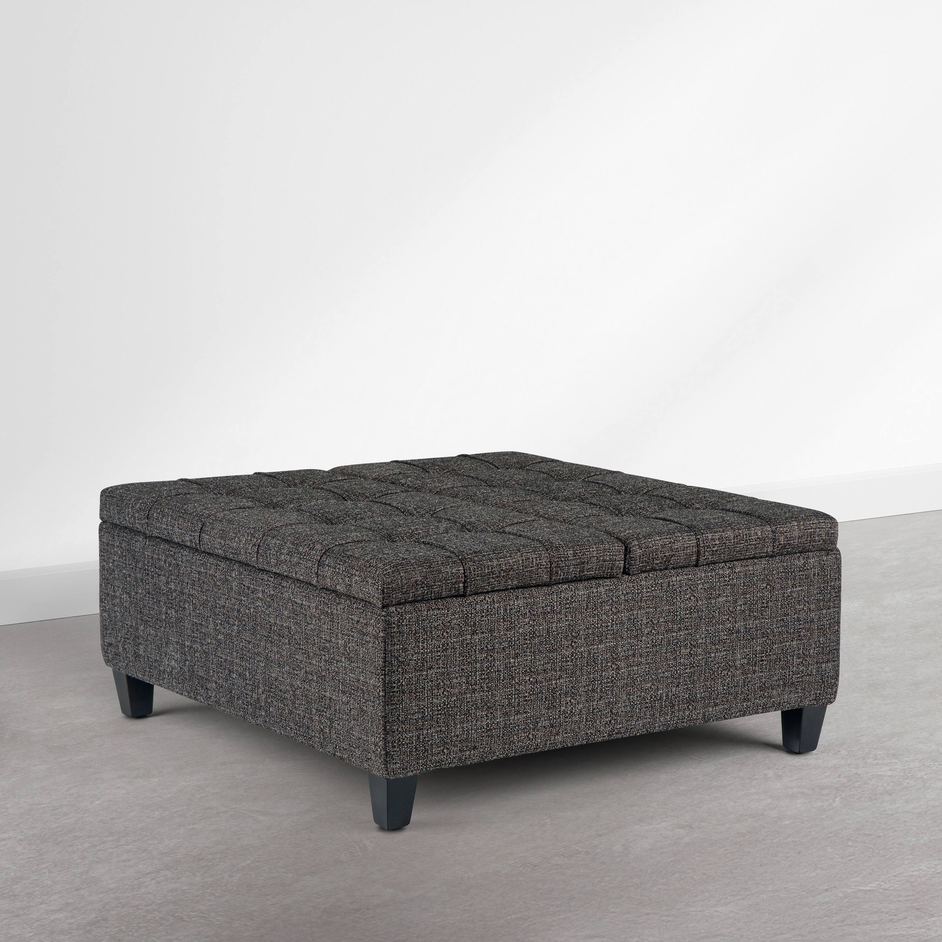 Angle. Simpli Home - Harrison 36 inch Wide Upholstered Solid Wood Square Storage Ottoman, Warm Dark Charcoal Melange - Warm Dark Charcoal Melange.