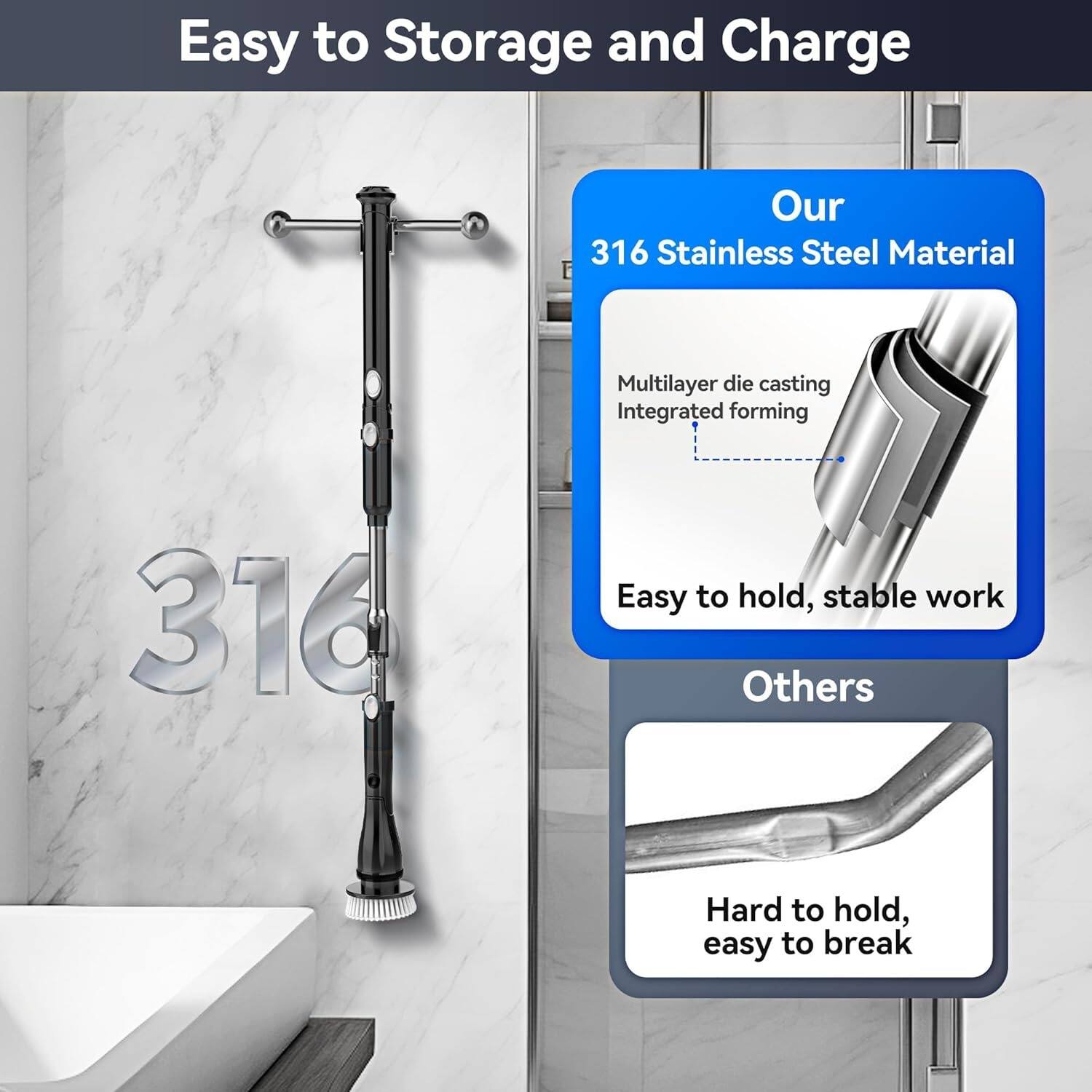 Easy to Storage and Charge

Our 316 Stainless Steel Material
- Multilayer die casting
- Integrated forming
- Easy to hold, stable work

Others
- Hard to hold, easy to break