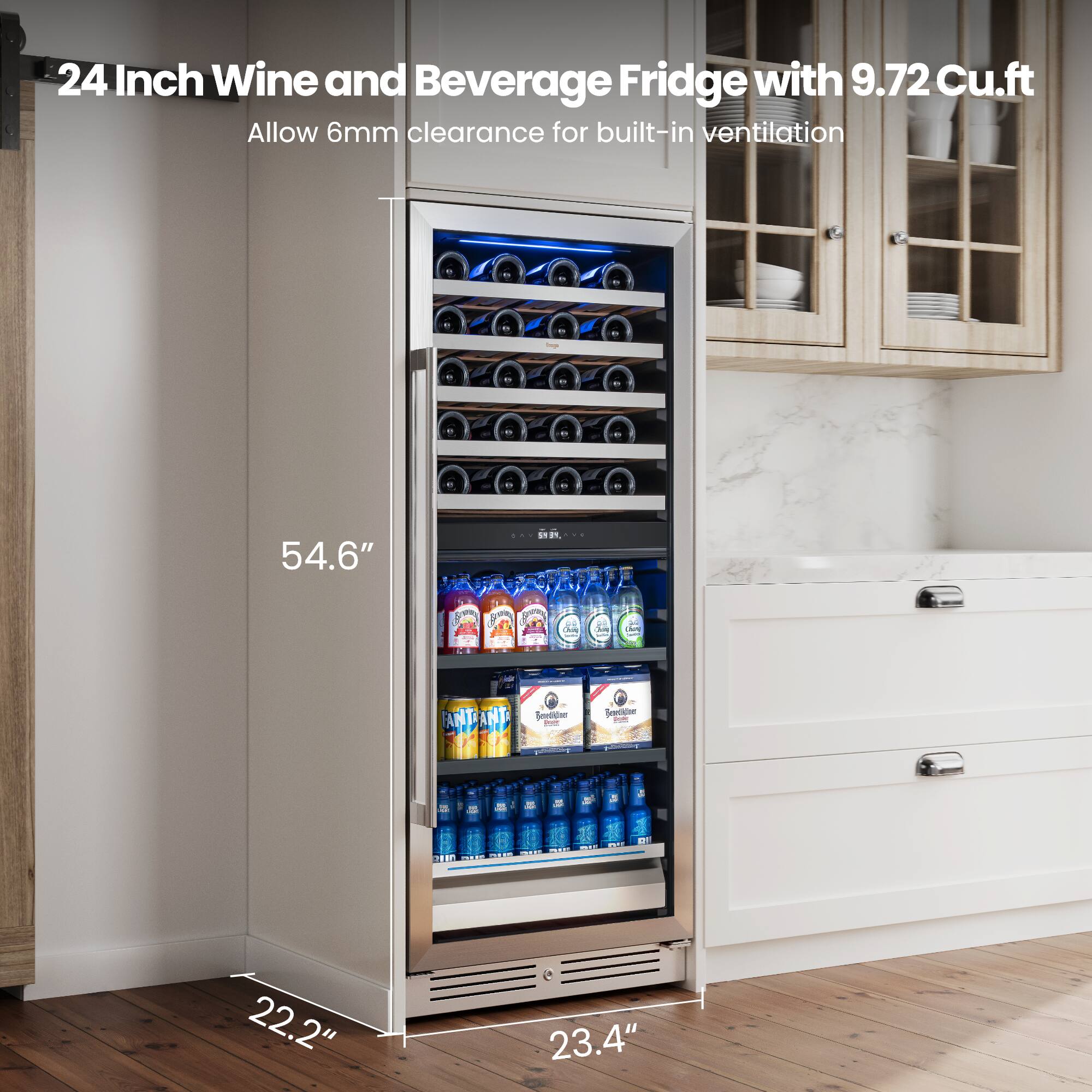 24 Inch Wine and Beverage Fridge with 9.72 Cu.ft

Allow 6mm clearance for built-in ventilation

54.6" 22.2" 23.4"