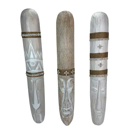 Front. Things2Die4 - Set of 3 Tiki Mask Wall Sculptures Whitewashed Wood 39.5 in Tropical - Natural.