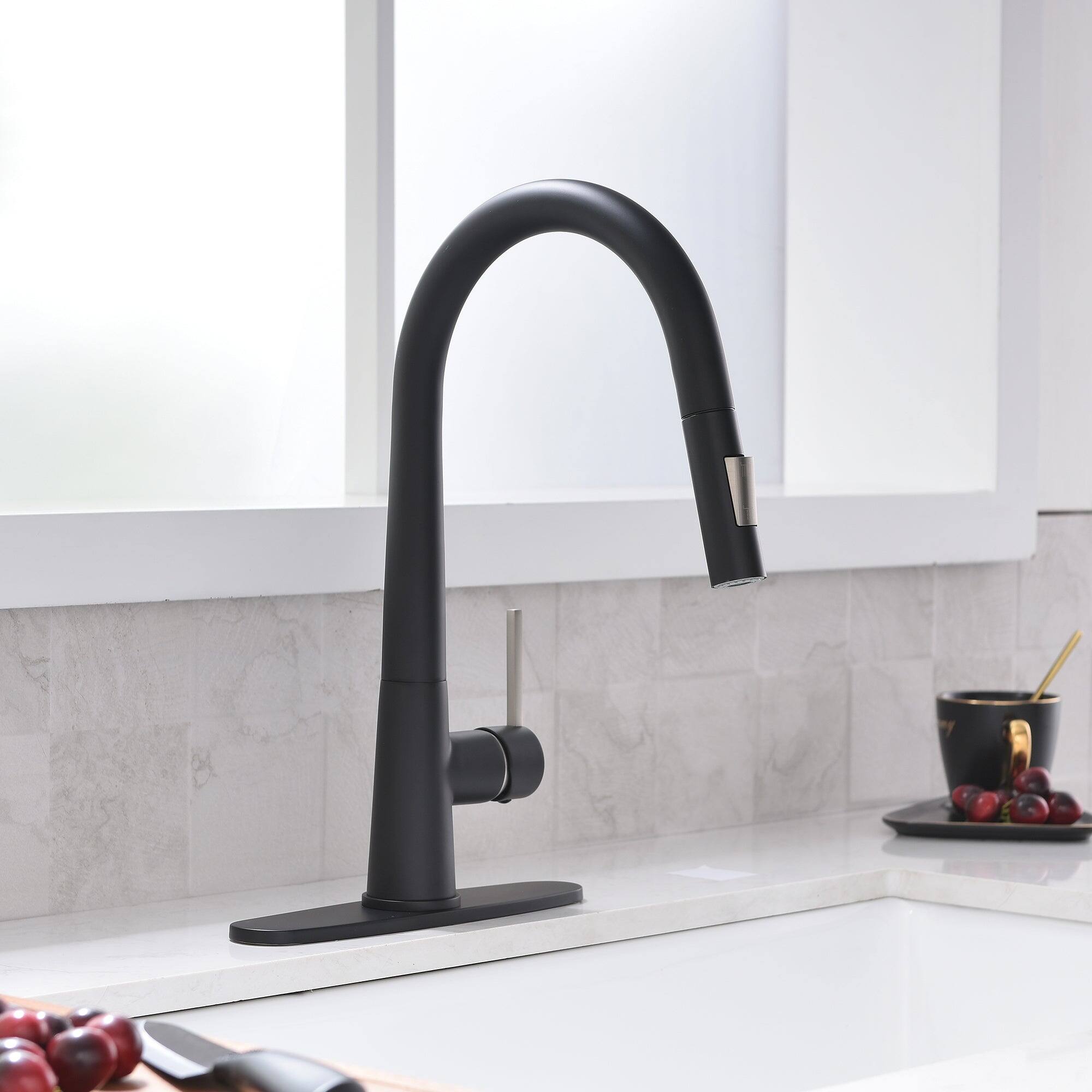 Alt View 7. Boyel Living - Matte Black 2 Spray Patterns Single Handle Pull Down Sprayer Kitchen Faucet with Deckplate Included - Matte Black.
