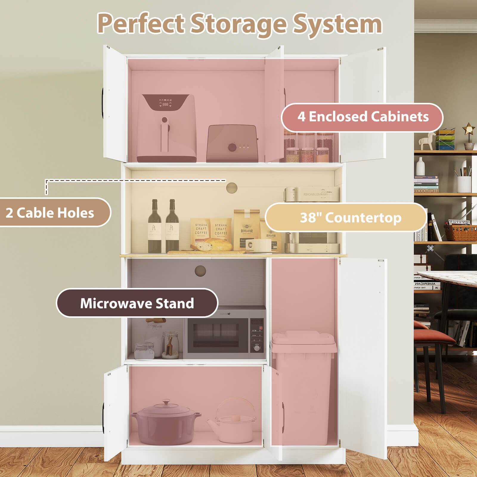 Perfect Storage System

- 4 Enclosed Cabinets
- 2 Cable Holes
- 38" Countertop
- Microwave Stand