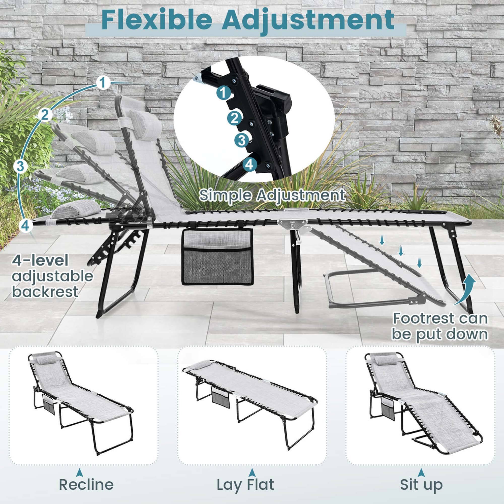 Flexible Adjustment: 1, 2, 3, 4

Simple Adjustment: 1, 2, 3, 4

4-level adjustable backrest: 1

Footrest can be put down: 2

Recline: 3

Lay Flat: 4

Sit up: 4