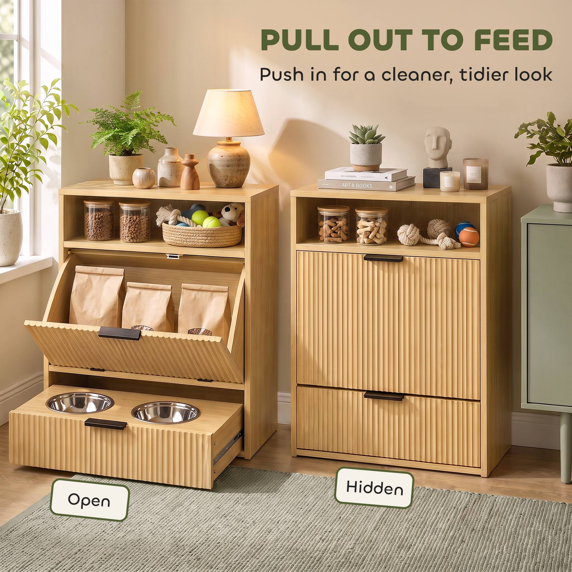 PULL OUT TO FEED  
Push in for a cleaner, tidier look  

ART & BOOKS  

Open  
Hidden