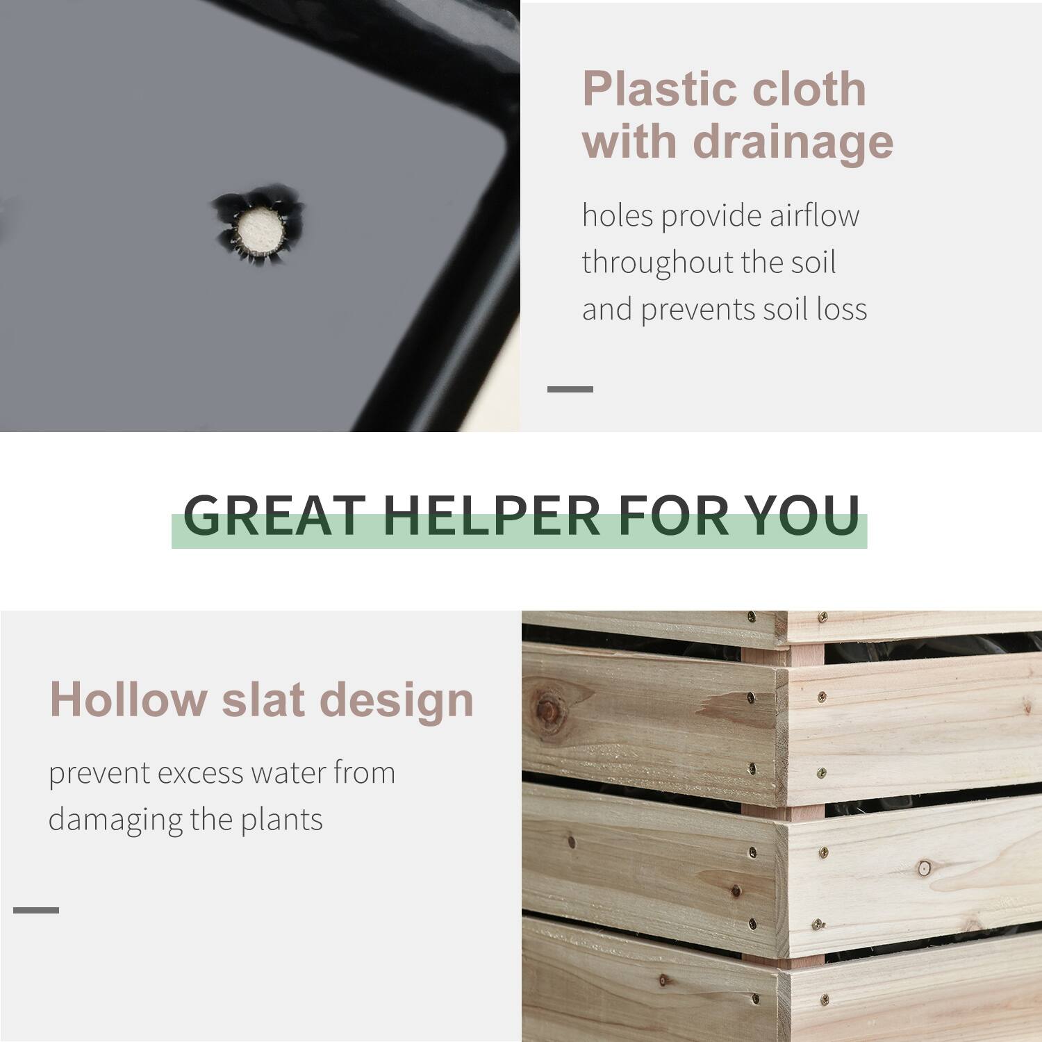 Plastic cloth with drainage holes provide airflow throughout the soil and prevents soil loss. GREAT HELPER FOR YOU. Hollow slat design prevent excess water from damaging the plants.
