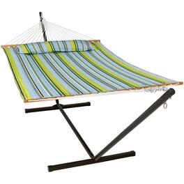 Sunnydaze - 2-Person Quilted Fabric Hammock with Steel Stand - Blue & Green