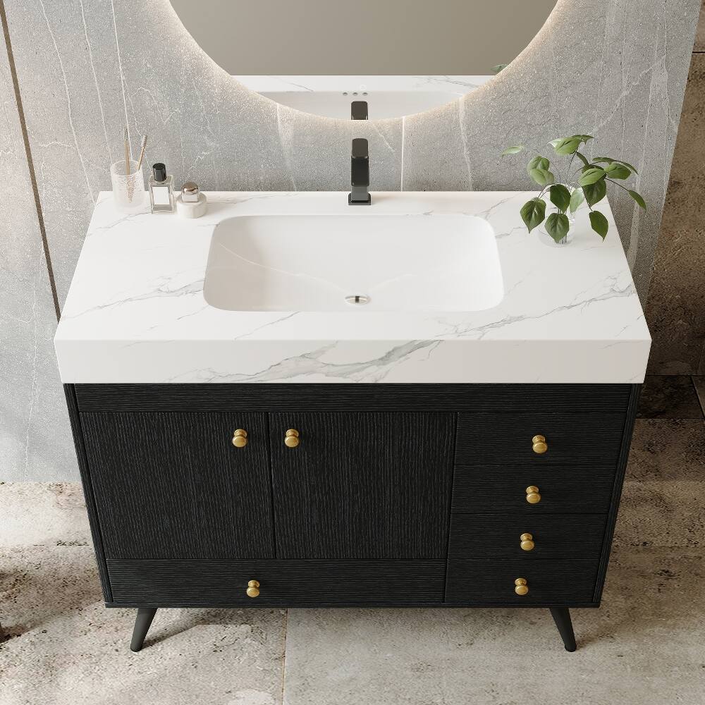 Back. Loheer - Loheer 36 inch freestanding bathroom vanity with faux marble top, ceramic sink, 5 drawers, black - Black.