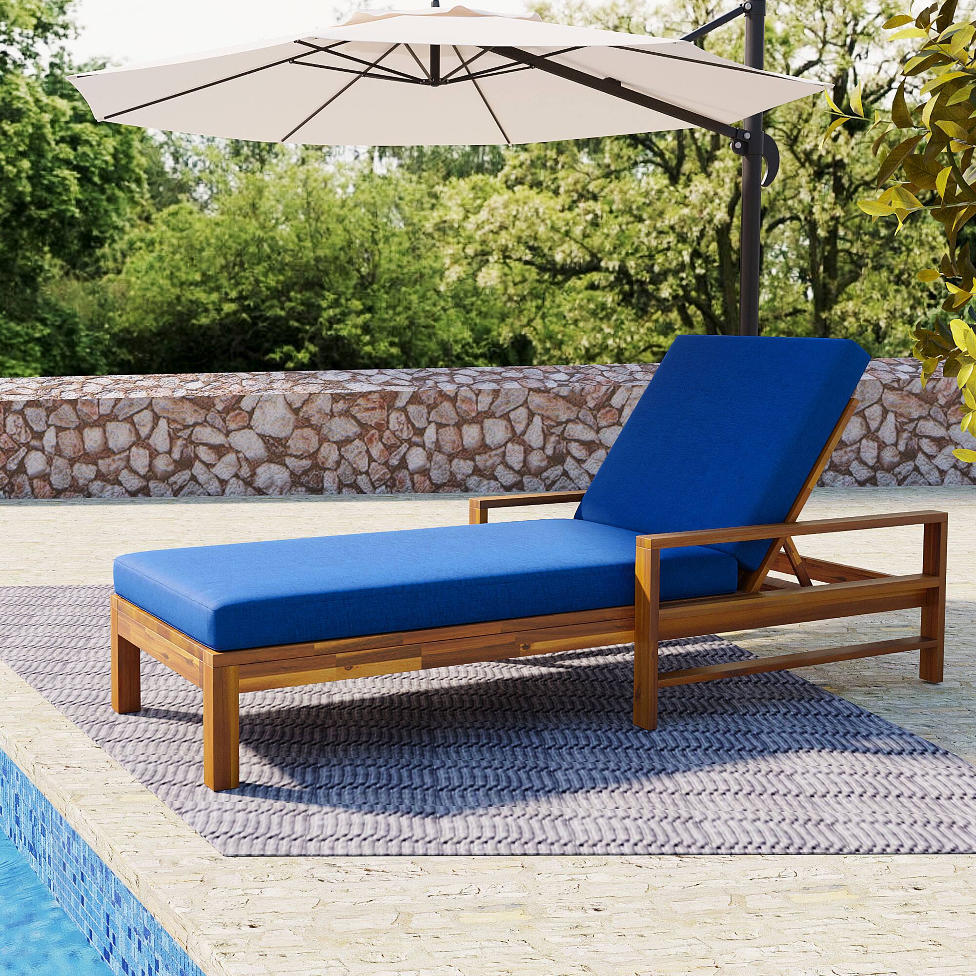 Front. Tiramisubest - Acacia Wood Adjustable Backrest Outdoor Lounge Chair, Suitable for Gardens, Terraces, and Poolside Areas,Blue - Natural+ Blue.