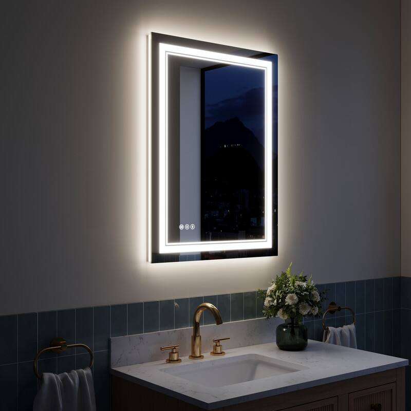 Angle. WELLFOR - 24 inx32 in Frameless Bathroom Mirror with LED Lights & Anti-Fog, Wall Mounted Vanity Mirror with 3 Colors Dimmable - Chrome.