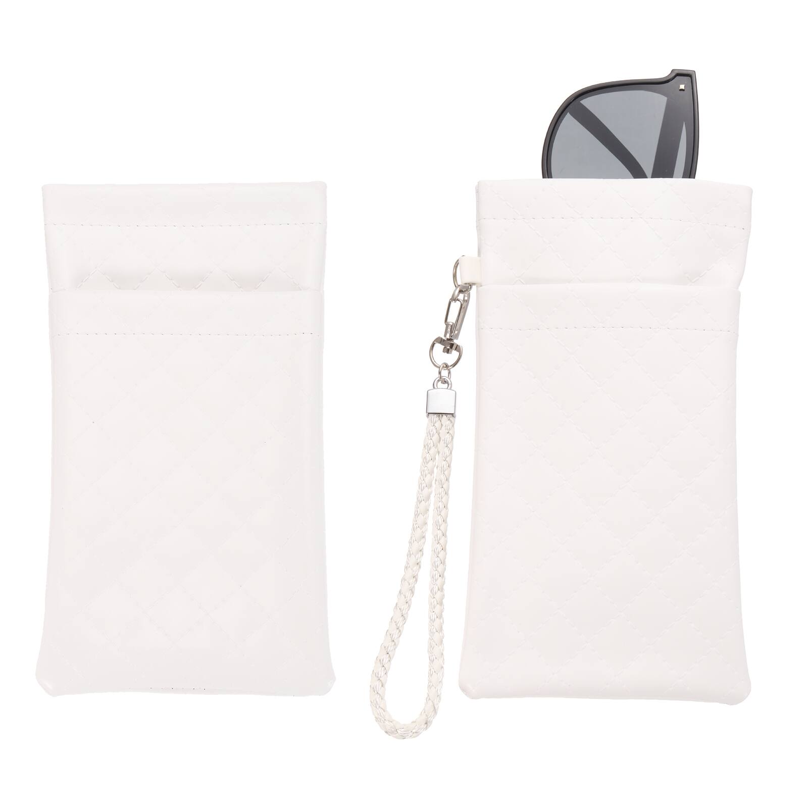 Front. Unique Bargains - 2pcs PU Leather Double Squeeze Top Eyeglass Pouch w/ Carrying Strap, Soft Travel Case for Sunglasses - White.