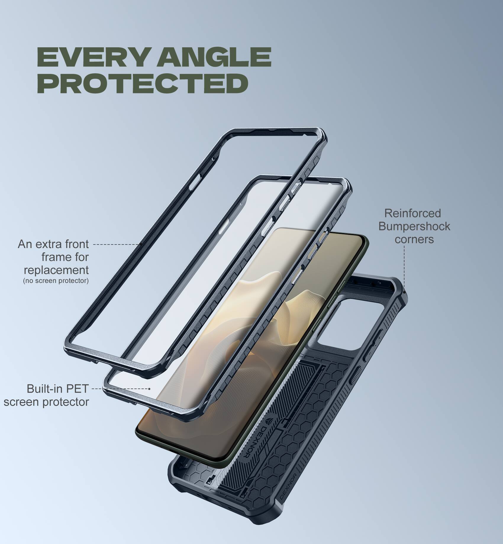 EVERY ANGLE PROTECTED

- An extra front frame for replacement (no screen protector)
- Reinforced Bumpershock corners
- Built-in PET screen protector