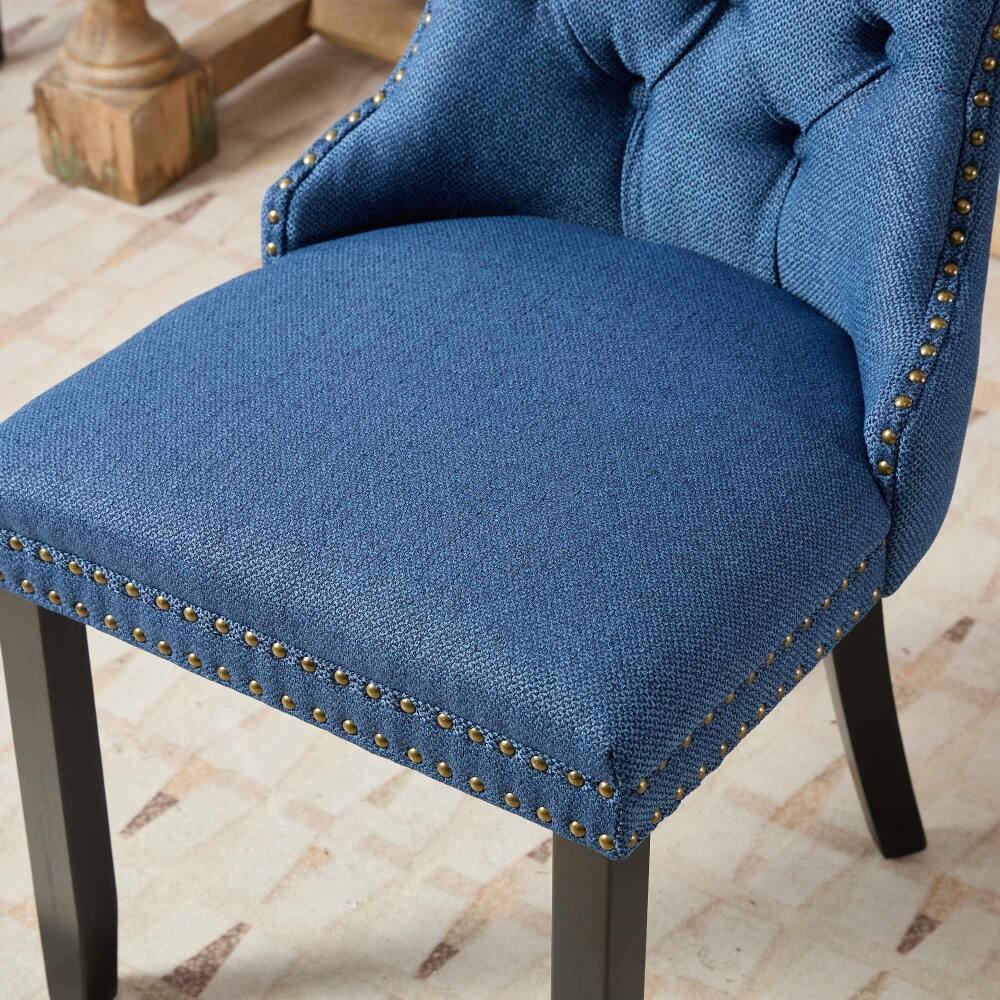 Alt View 8. Loheer - Loheer Blue Linen Dining Chairs Set of 2 Tufted Upholstered High Back Solid Wood Legs Nailhead Trim Modern Contemporary - Blue.