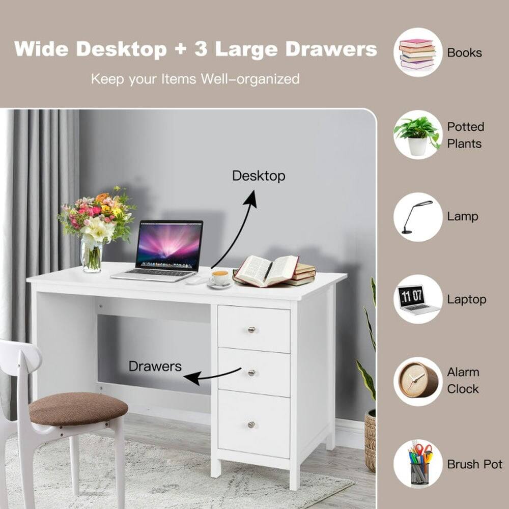 Wide Desktop + 3 Large Drawers  
Keep your Items Well-organized

- Desktop
- Drawers

- Books
- Potted Plants
- Lamp
- Laptop
- Alarm Clock
- Brush Pot
