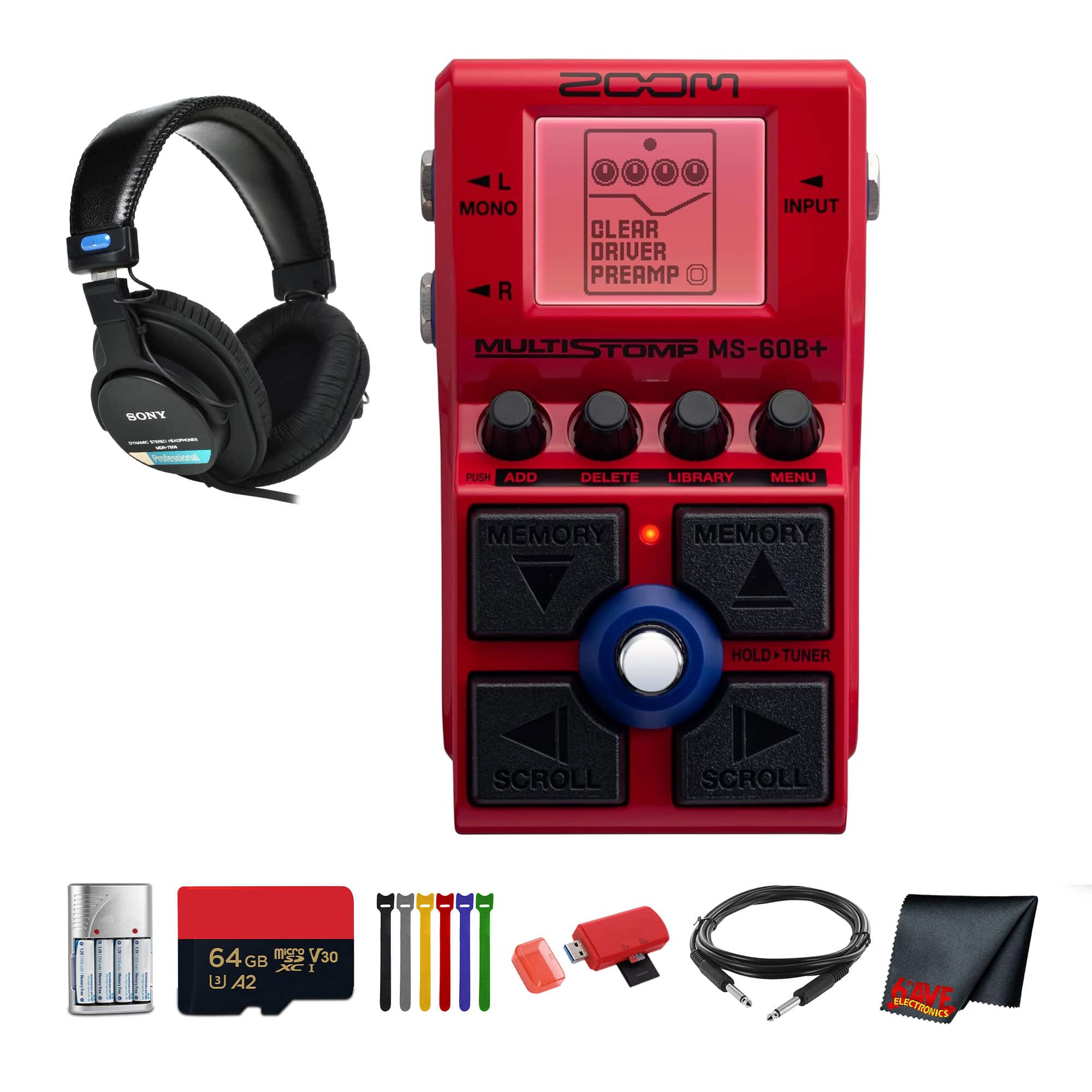 Zoom - MS-60B+ MultiStomp Multi-FX Bass Pedal + MDR-7506 Headphones, Bundle