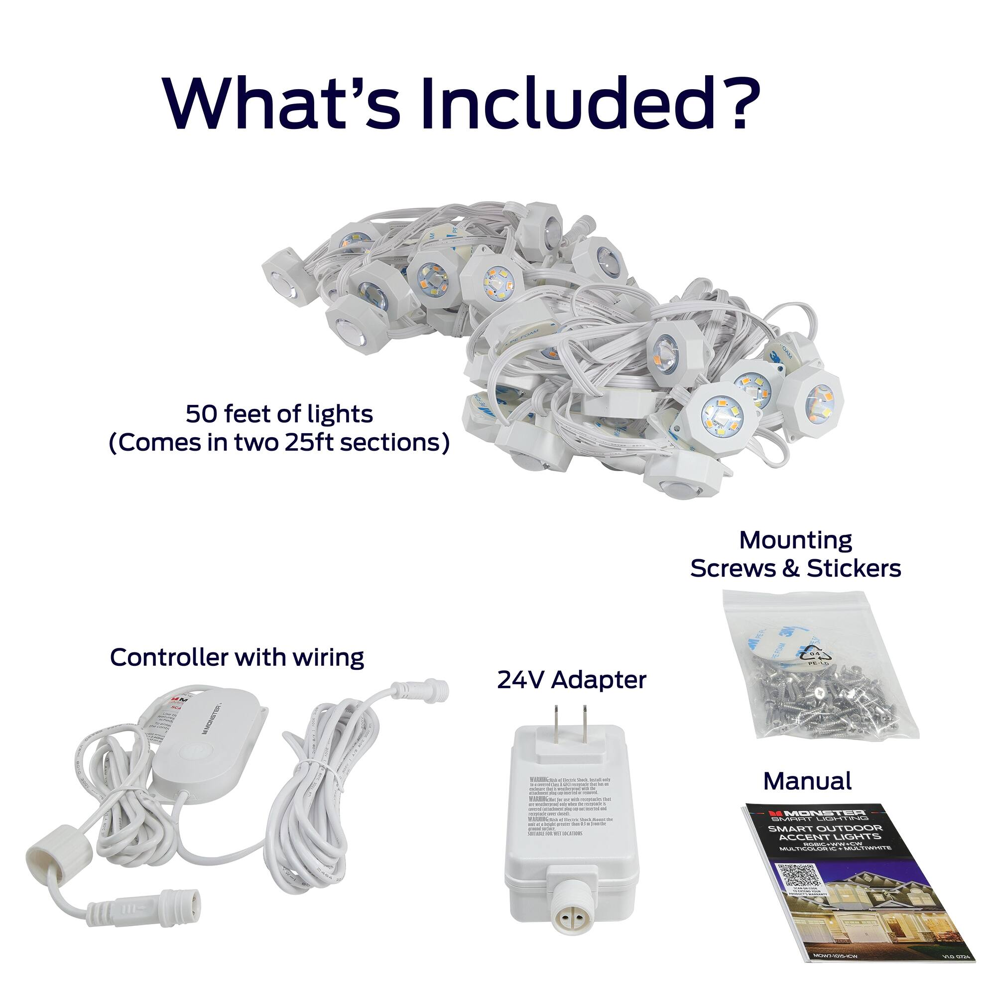 What's Included?

- 50 feet of lights (Comes in two 25ft sections)
- Mounting Screws & Stickers
- Controller with wiring
- 24V Adapter
- Manual