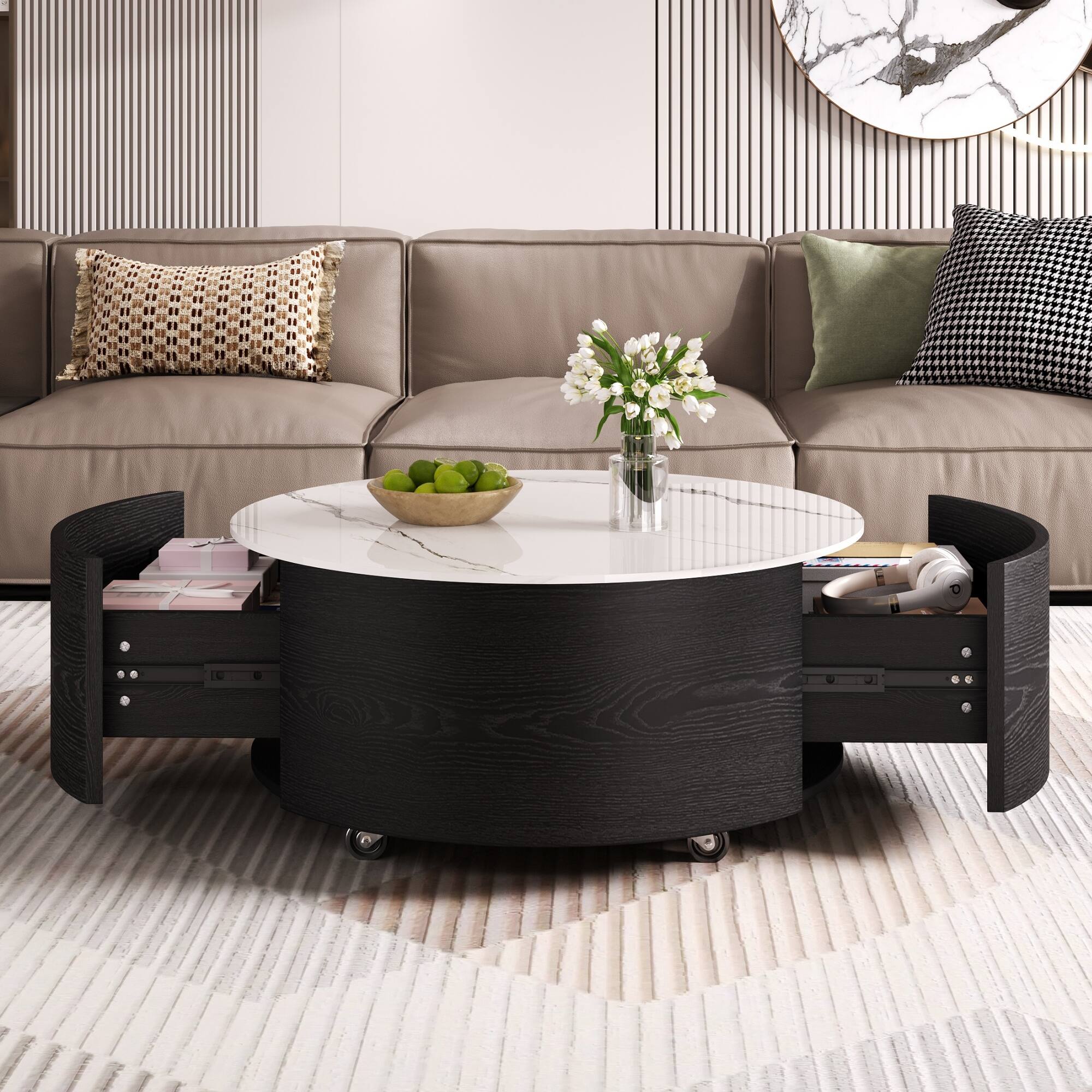 Left. Tiramisubest - Modern Round Movable Coffee Table with Casters, 2 Drawers, Marble Pattern Sintered Stone Top, Black, 29.5" - Black.