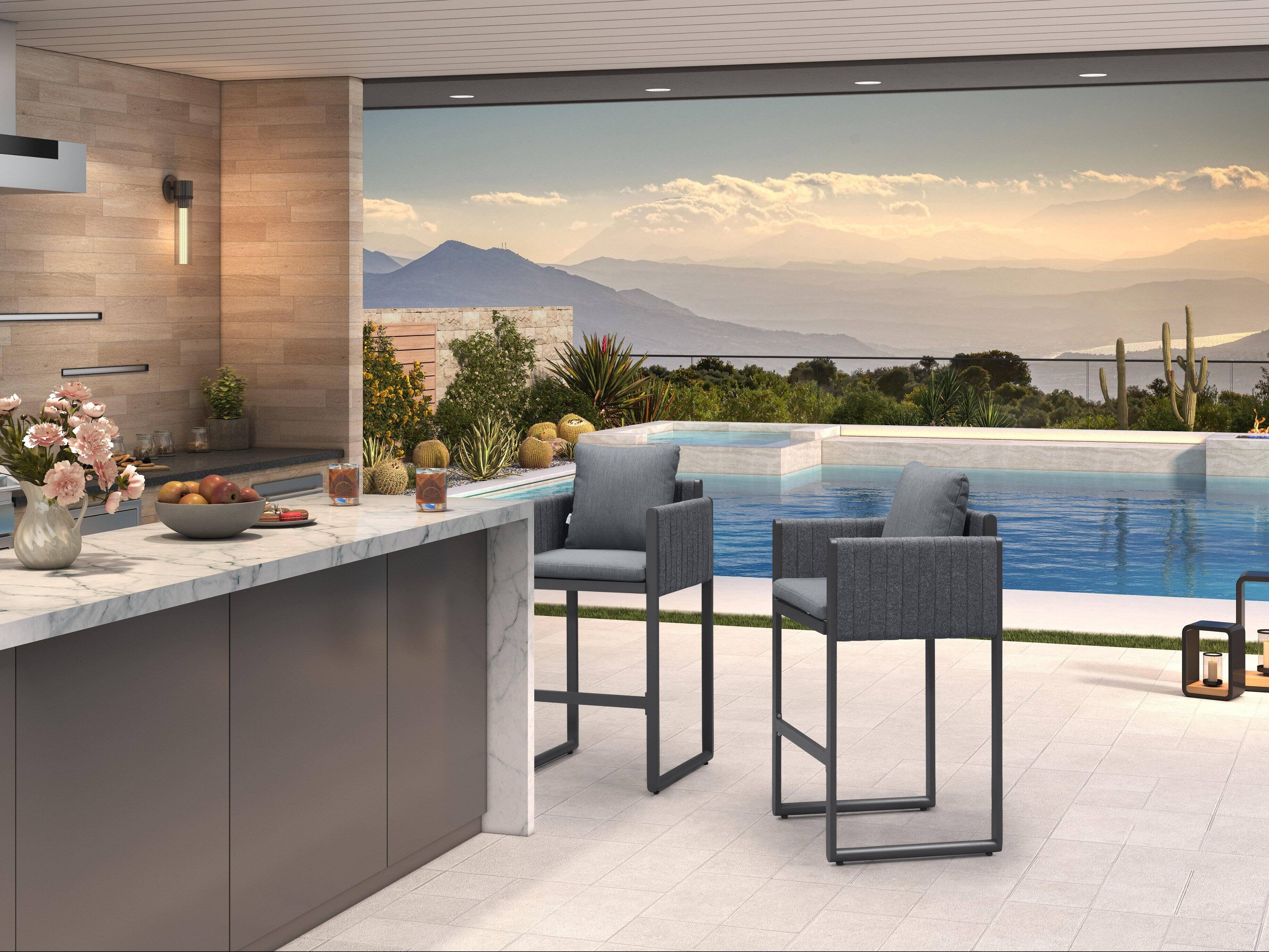 Alt View 1. PURPLE LEAF - Outdoor Bar Height Stool Set of 2 Aluminum Modern Olefin Barstools with Backrest Pillow for Garden Balcony Lawn - Grey & Oval Base-Bar Stool.