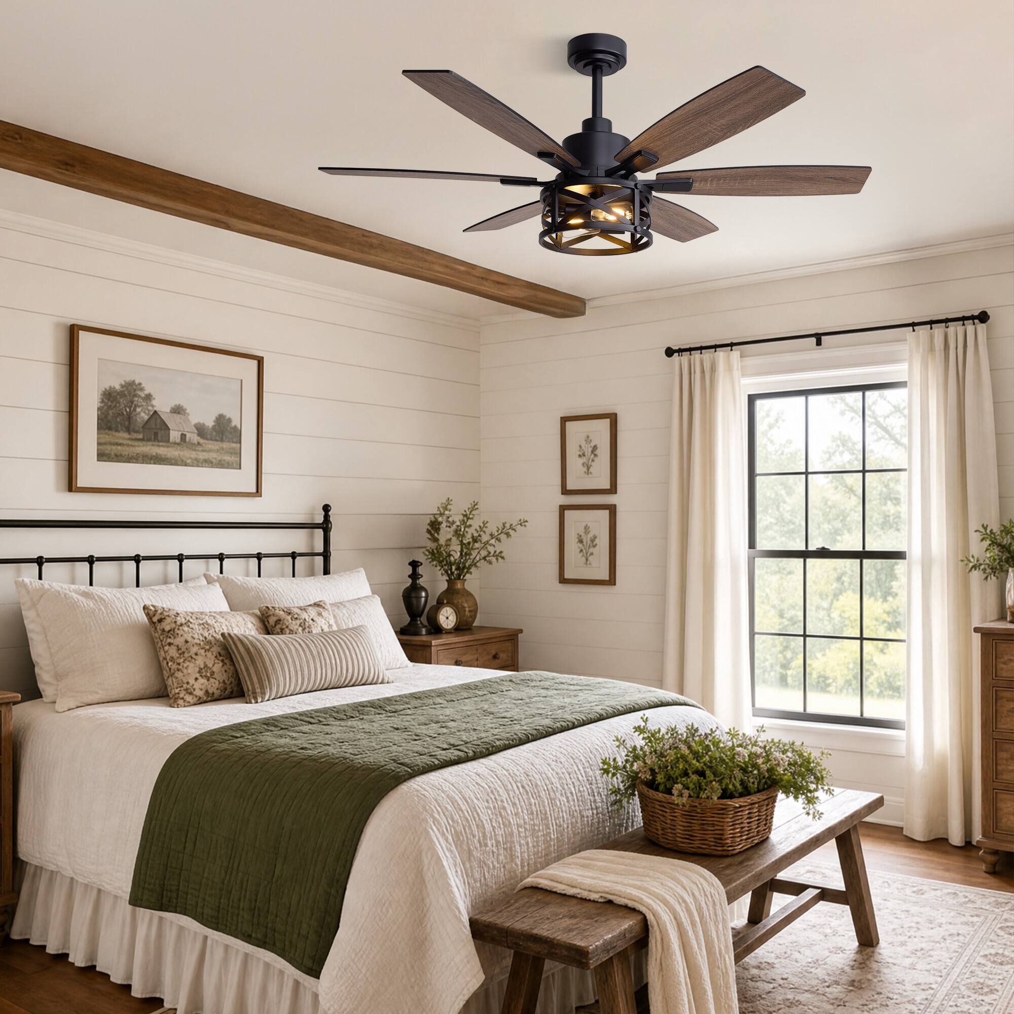 Left. Siljoy - 52 Inch 6-Blade Farmhouse Caged Ceiling Fan Light Black Reversible Wood Blades with Downrod for Bedroom Living Room - Brown.