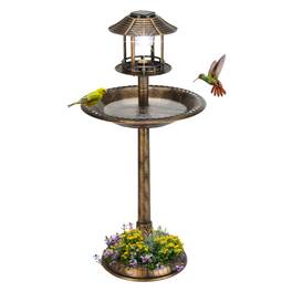 Winado - 42in Resin Pedestal Bird Bath, Feeder Bowl Freestanding with Solar Lamp, Planter Base for Outdoor Garden Yard Decoration - Bronze