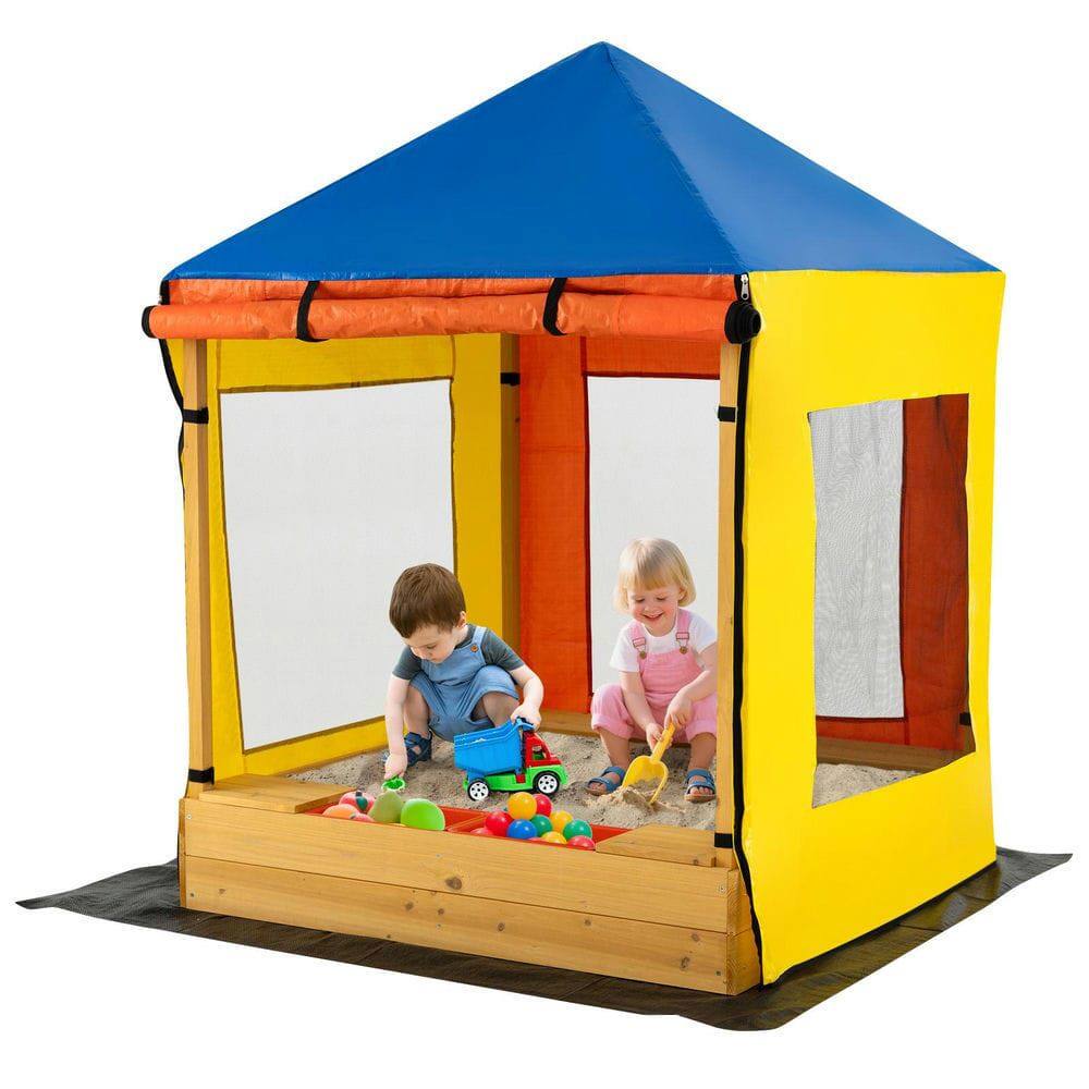 Front. Resenkos - Kids Wooden Sandbox with Canopy, Mesh Windows & Bottom Liner - Large Sand Pit for Outdoor Fun - Multicolor.