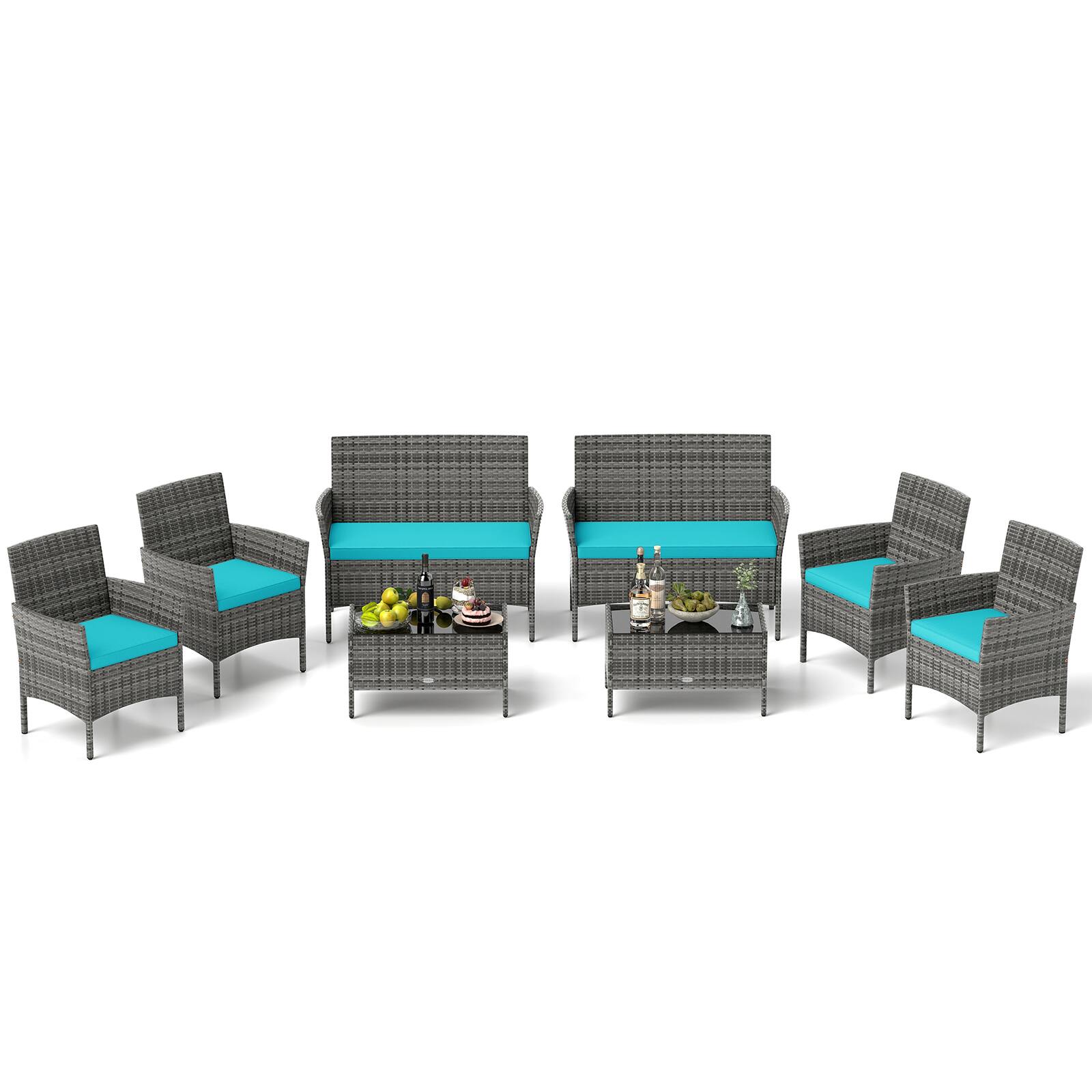 Front. Gymax - Gymax Set Of 8 Patio Furniture Set w/Washable Cushions & Tempered Glass Coffee Table Turquoise - Mix Gray, Turquoise.