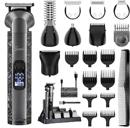 HATTEKER - 8-in-1 Men's Grooming Kit, Hair & Beard Trimmer, T-Blade, Body & Nose Trimmer, IPX7 Waterproof - Gray