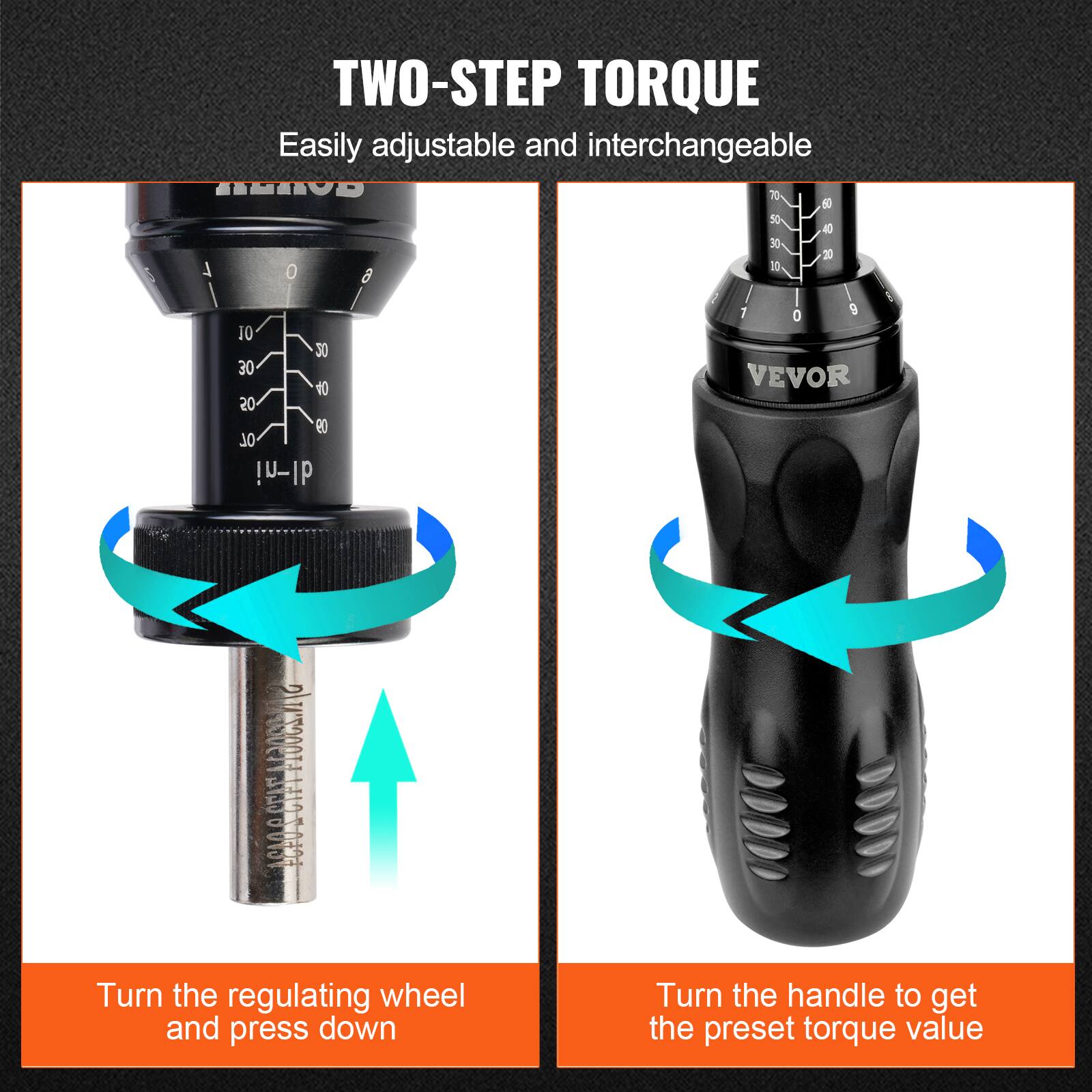 TWO-STEP TORQUE  
Easily adjustable and interchangeable  

Turn the regulating wheel and press down  

Turn the handle to get the preset torque value