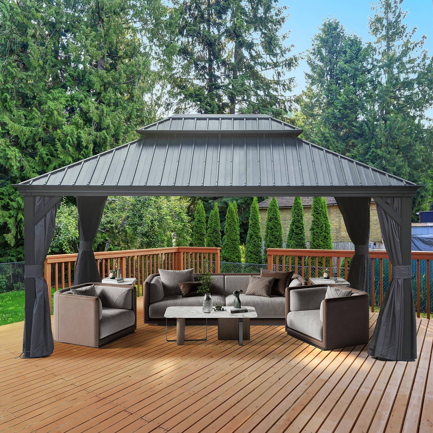 Angle. Loheer - Loheer Hardtop Gazebo 12x16 Outdoor Metal Gazebo with Galvanized Steel Double Roof, Aluminum Frame, Curtains.