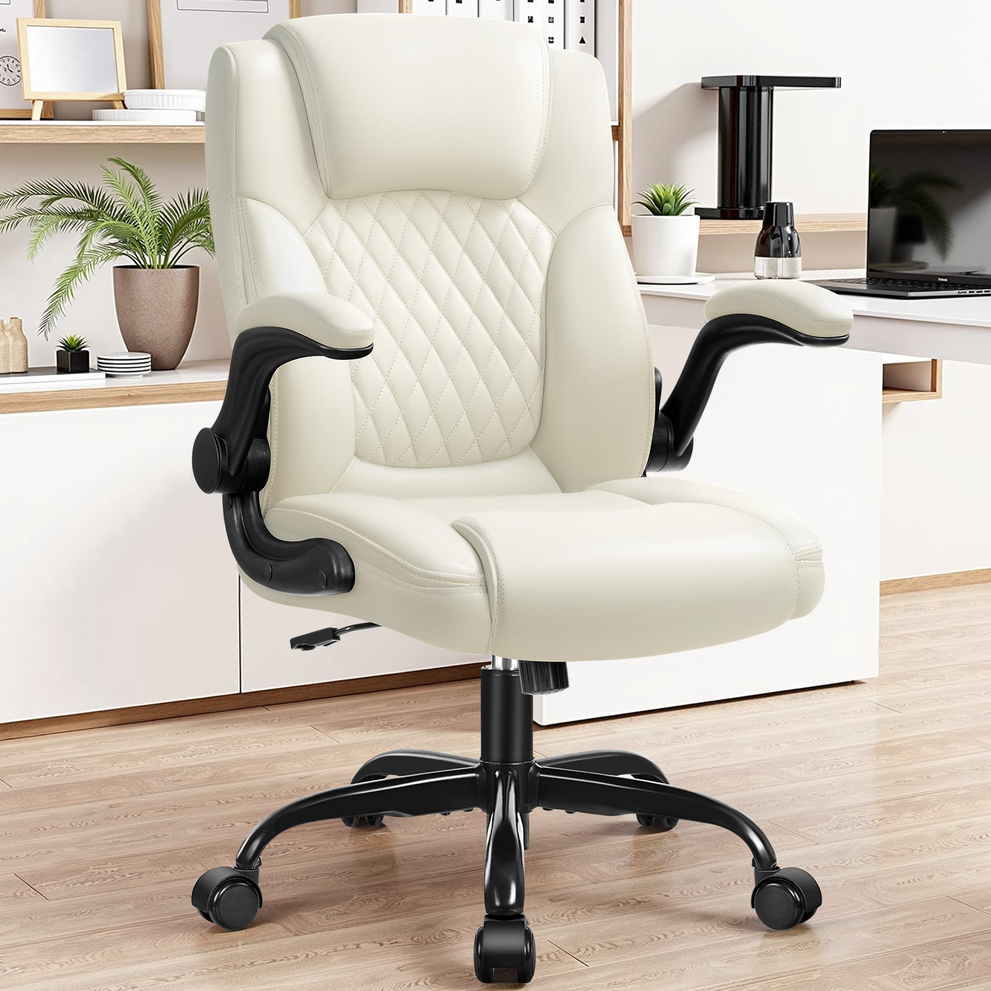 KERDOM - Swivel Tilt Gamer Ergonomic Computer Chair with Lumbar Support, Height Adjustable, Adjustable Arms Space Saving - Cream White