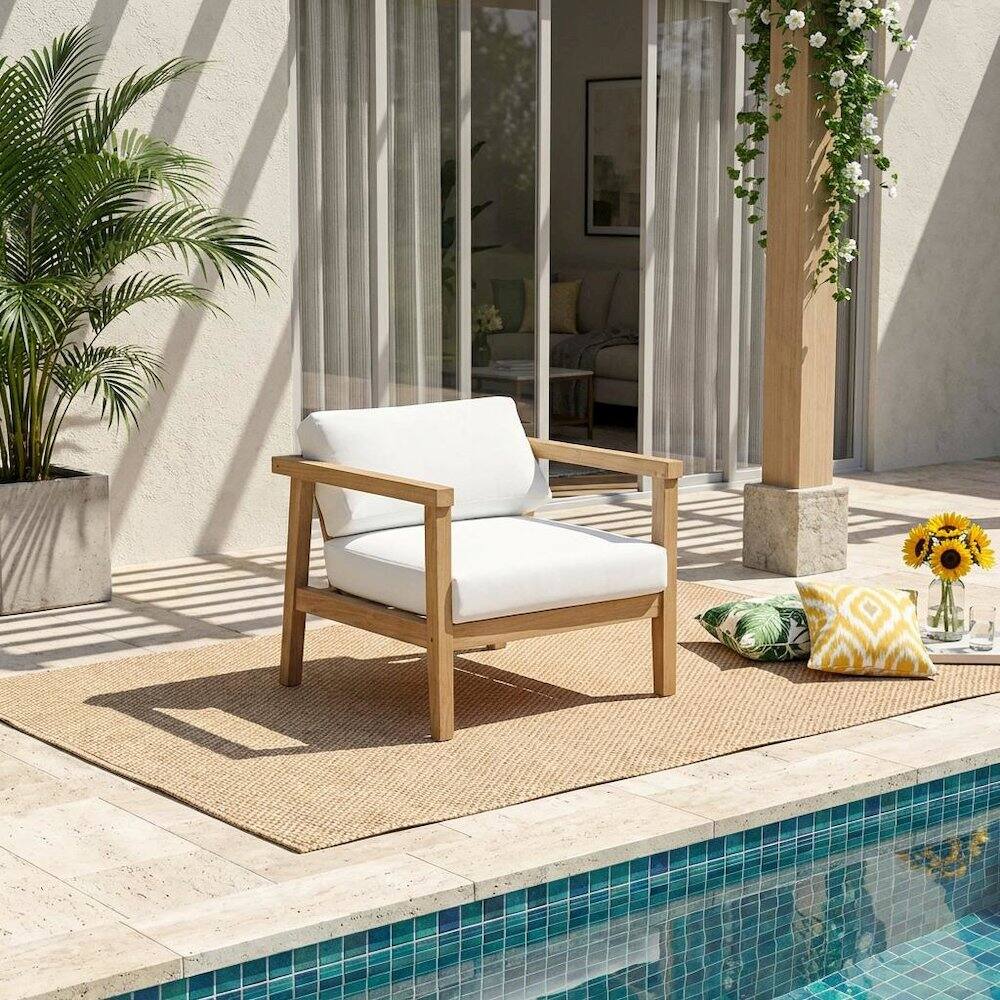Angle. Outdoor Escape - Outdoor Patio Teak Armchair With Cushioned Seating And Comfortable Back Support - White.