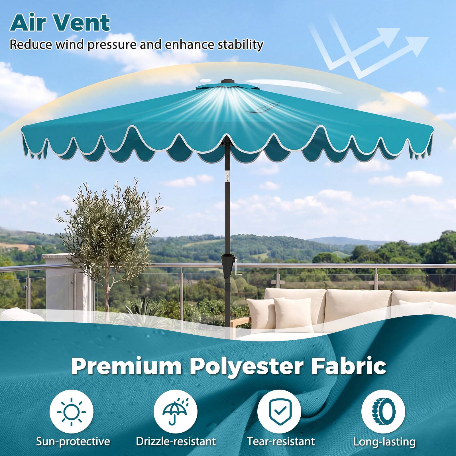 Air Vent  
Reduce wind pressure and enhance stability  

Premium Polyester Fabric  
Sun-protective  
Drizzle-resistant  
Tear-resistant  
Long-lasting