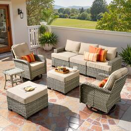 Ovios - 8 PCS Patio Furniture Set Wicker Sofa with Swivel Chairs and Ottmans for Backyard - Beige