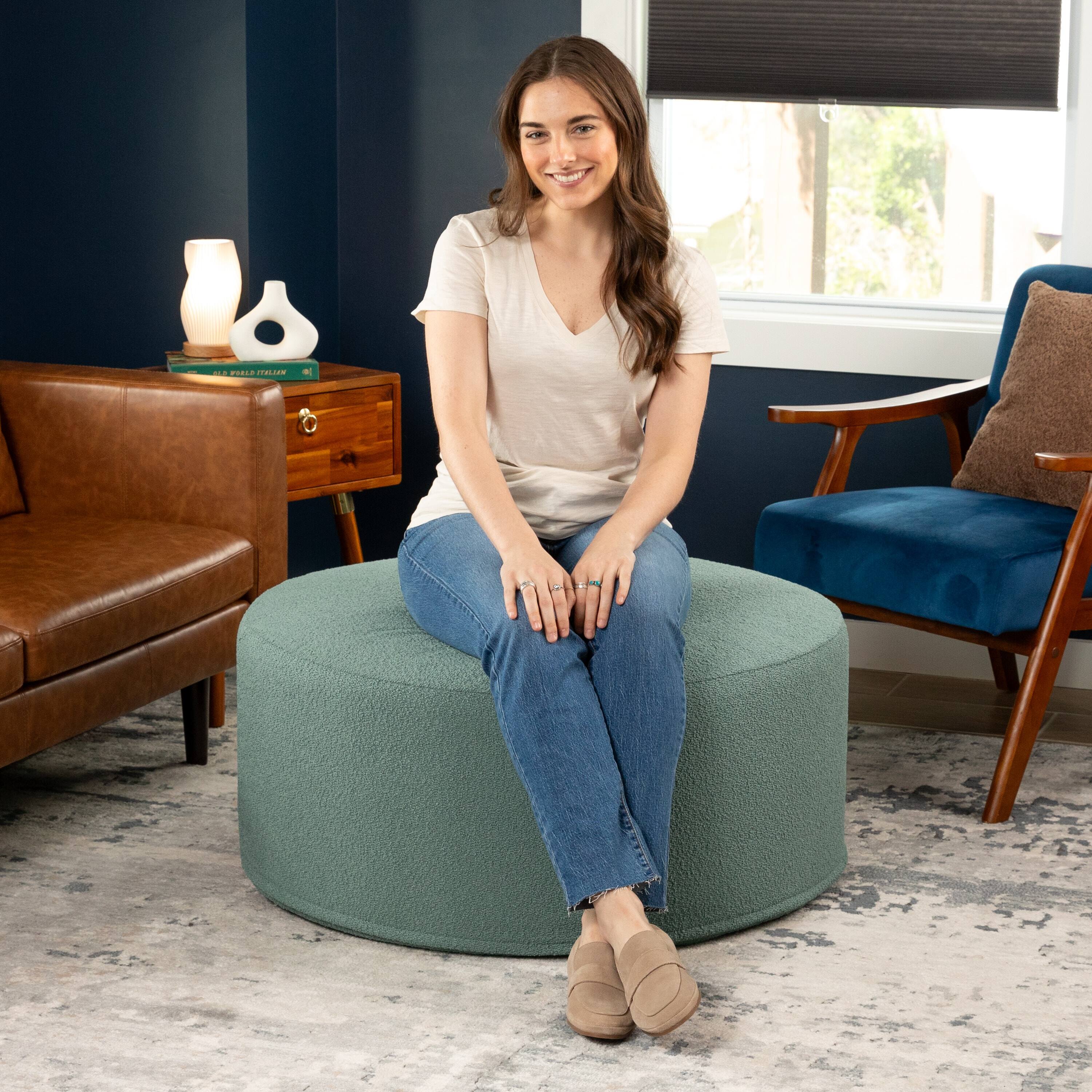 Left. Jaxx - Jaxx Candler Round Couch Oversized Giant Coffee Table Ottoman, Kid Safe with Removable Cover, Boucle Green - Boucle Green.