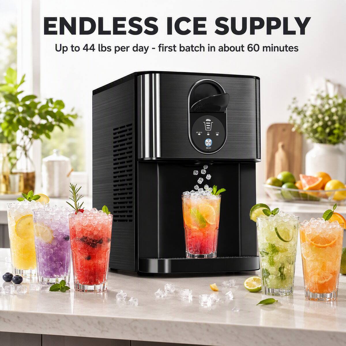 ENDLESS ICE SUPPLY  
Up to 44 lbs per day - first batch in about 60 minutes
